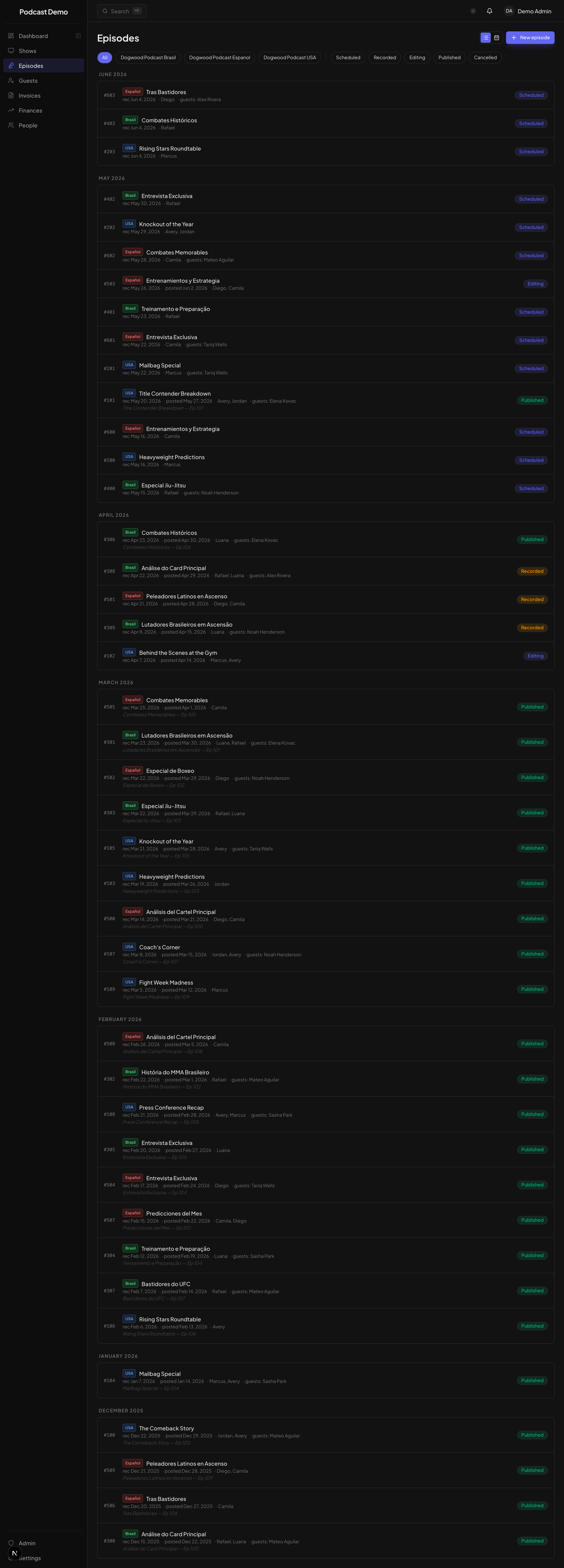 Episodes — scheduled to recorded to editing to published, with calendar and list views.