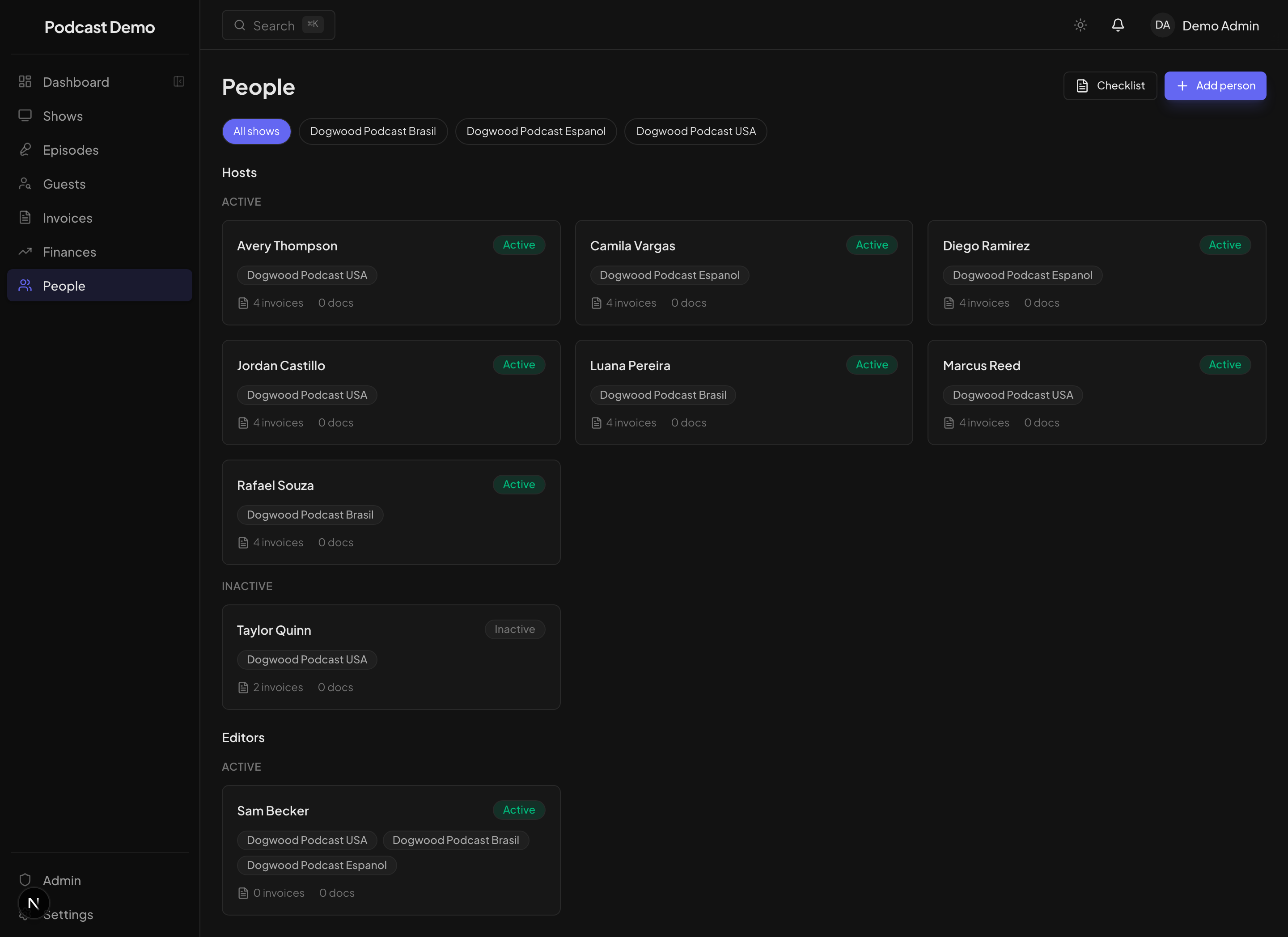Host profiles — W-9s, contracts, and payment info behind per-user permissions.