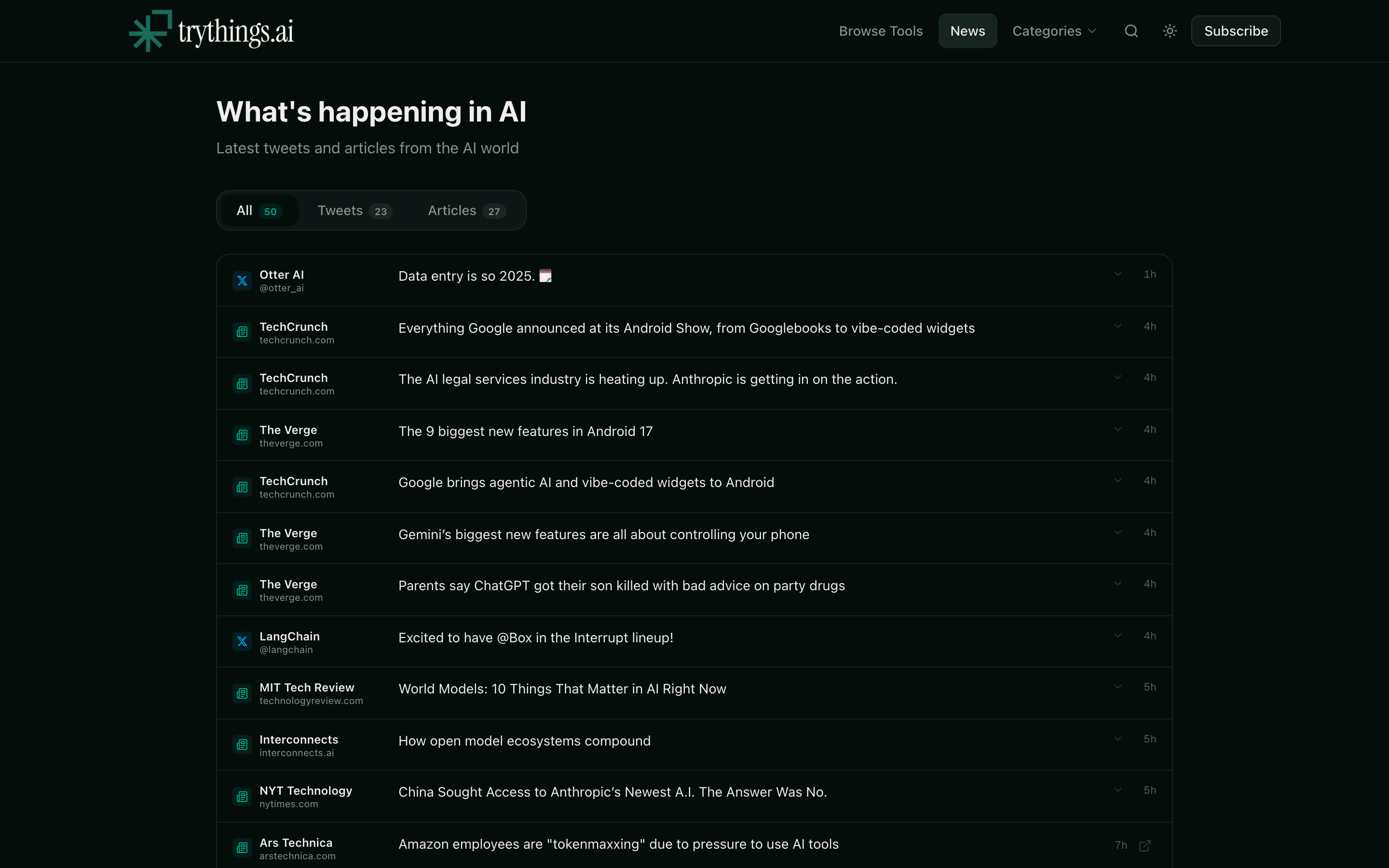 News terminal — live feed of AI tweets and articles